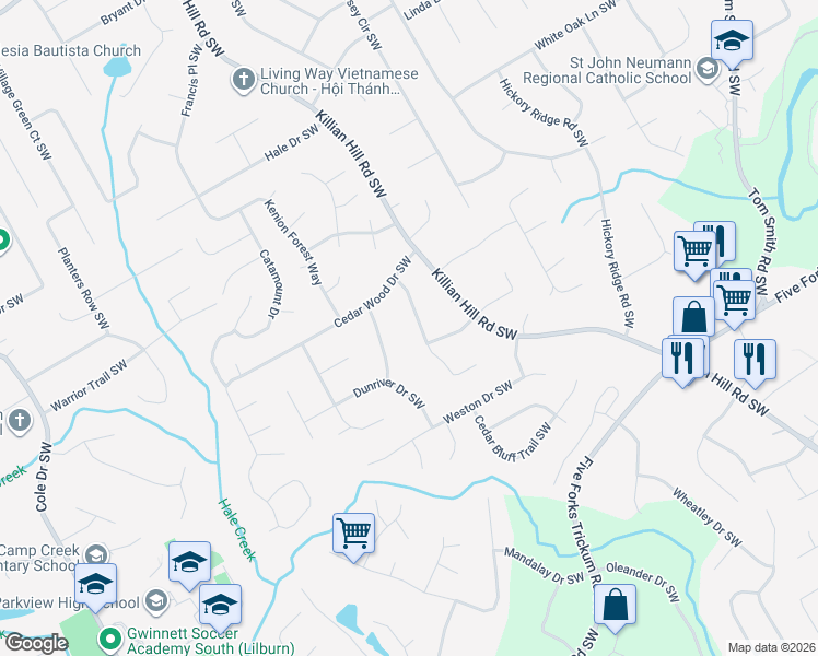 map of restaurants, bars, coffee shops, grocery stores, and more near 819 Bradford Ct SW in Lilburn