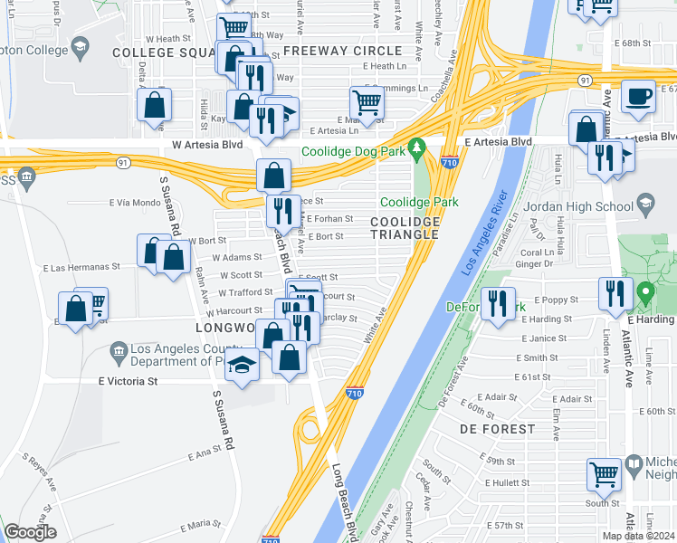 map of restaurants, bars, coffee shops, grocery stores, and more near 163 East Scott Street in Long Beach