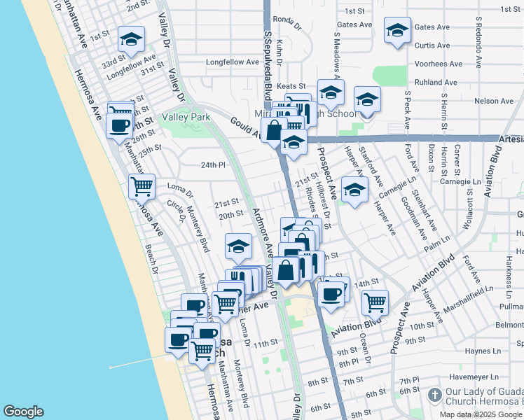 map of restaurants, bars, coffee shops, grocery stores, and more near 2007 Ava Avenue in Hermosa Beach