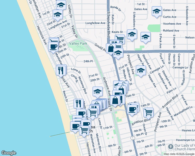 map of restaurants, bars, coffee shops, grocery stores, and more near 1908 Valley Park Avenue in Hermosa Beach