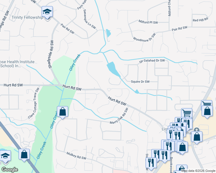 map of restaurants, bars, coffee shops, grocery stores, and more near 1841 Killarney Drive Southwest in Marietta