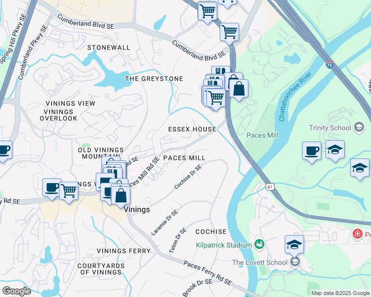 map of restaurants, bars, coffee shops, grocery stores, and more near 3192 Paces Mill Road Southeast in Atlanta