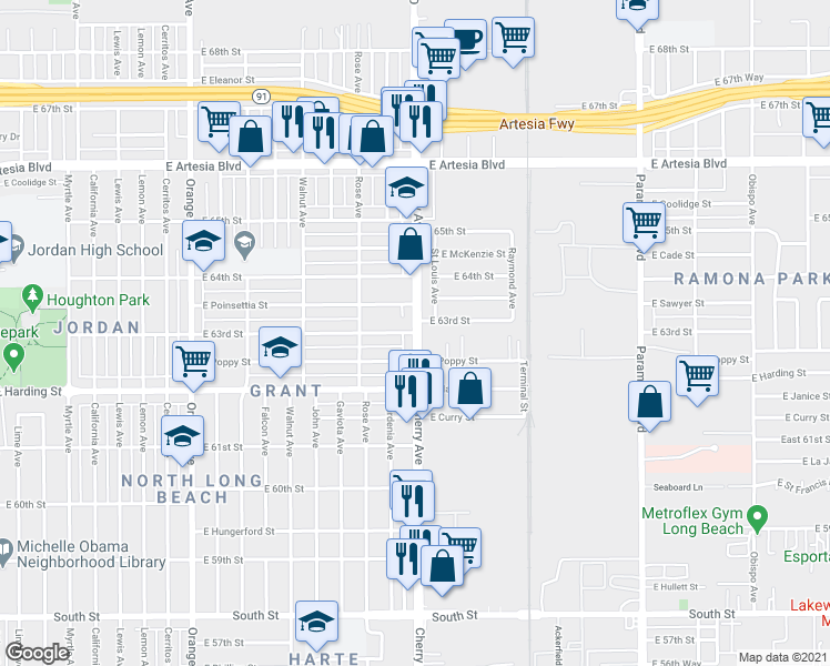 map of restaurants, bars, coffee shops, grocery stores, and more near Cherry Ave & E 63rd St in Long Beach