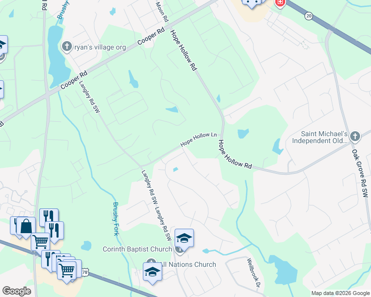 map of restaurants, bars, coffee shops, grocery stores, and more near 3002 Hollowstone Drive Southwest in Loganville