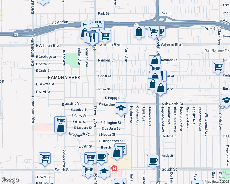 map of restaurants, bars, coffee shops, grocery stores, and more near 8612 Rose Street in Bellflower