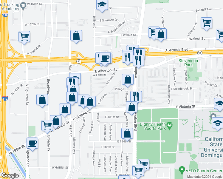map of restaurants, bars, coffee shops, grocery stores, and more near 17701 Avalon Boulevard in Carson