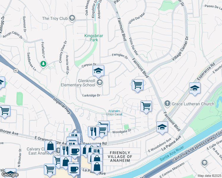 map of restaurants, bars, coffee shops, grocery stores, and more near 19792 Larkridge Drive in Yorba Linda