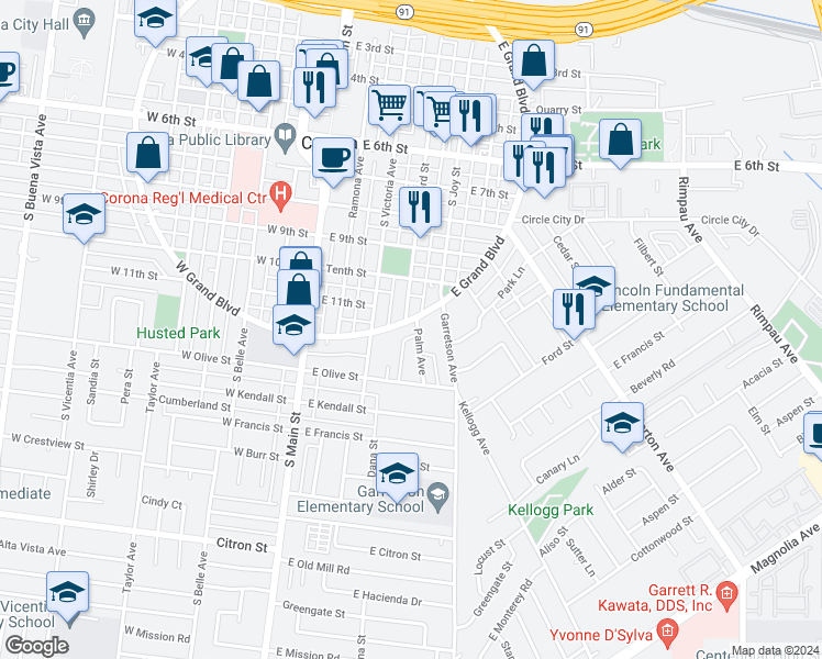 map of restaurants, bars, coffee shops, grocery stores, and more near 1103 East Grand Boulevard in Corona