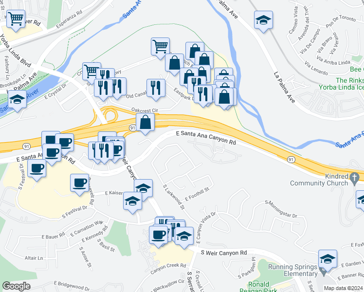 map of restaurants, bars, coffee shops, grocery stores, and more near 120 South Birchwood Street in Anaheim