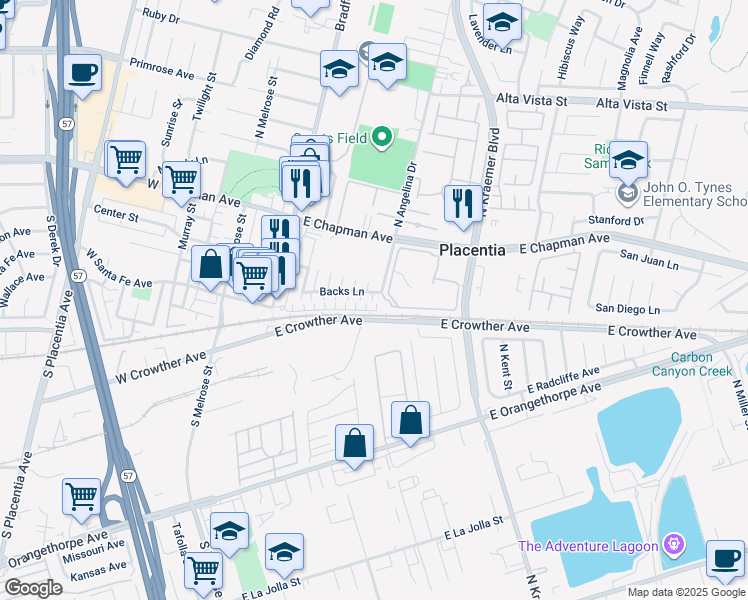 map of restaurants, bars, coffee shops, grocery stores, and more near 266 Backs Lane in Placentia