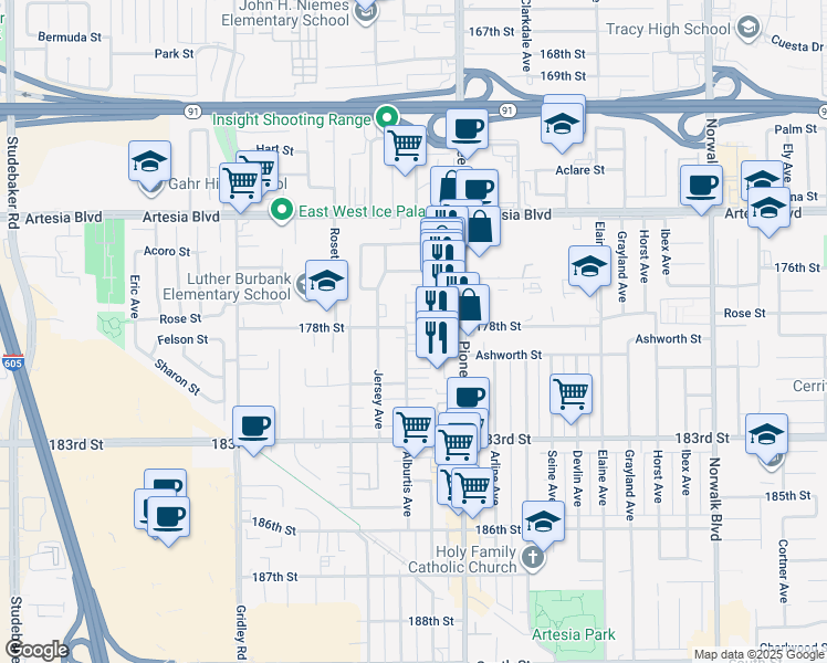 map of restaurants, bars, coffee shops, grocery stores, and more near 17804 Alburtis Avenue in Artesia