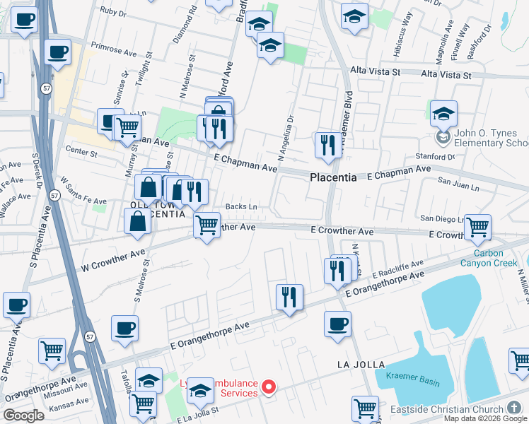 map of restaurants, bars, coffee shops, grocery stores, and more near 266 Backs Lane in Placentia