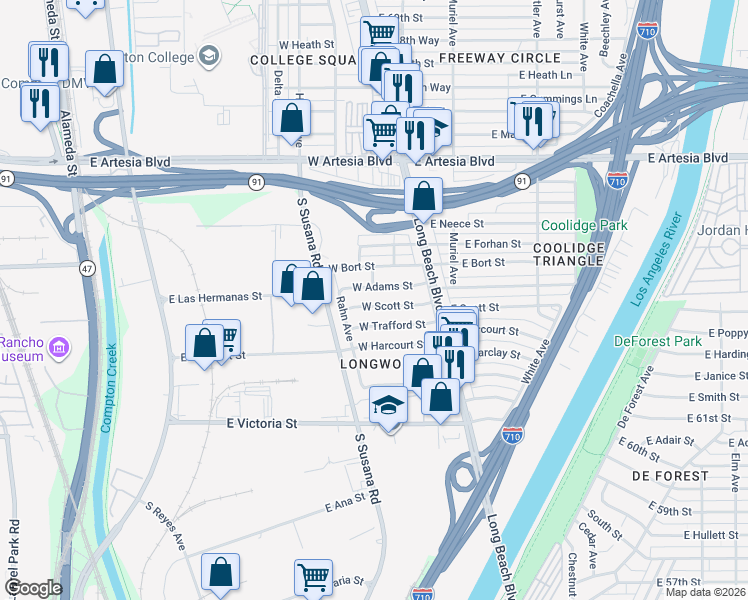 map of restaurants, bars, coffee shops, grocery stores, and more near 141 West Scott Street in Long Beach