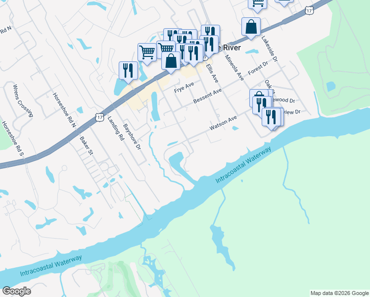 map of restaurants, bars, coffee shops, grocery stores, and more near 1497 South Mariners Pointe in Little River