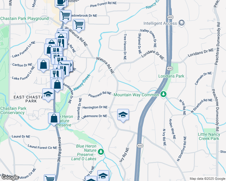 map of restaurants, bars, coffee shops, grocery stores, and more near 4276 Wieuca Road Northeast in Atlanta