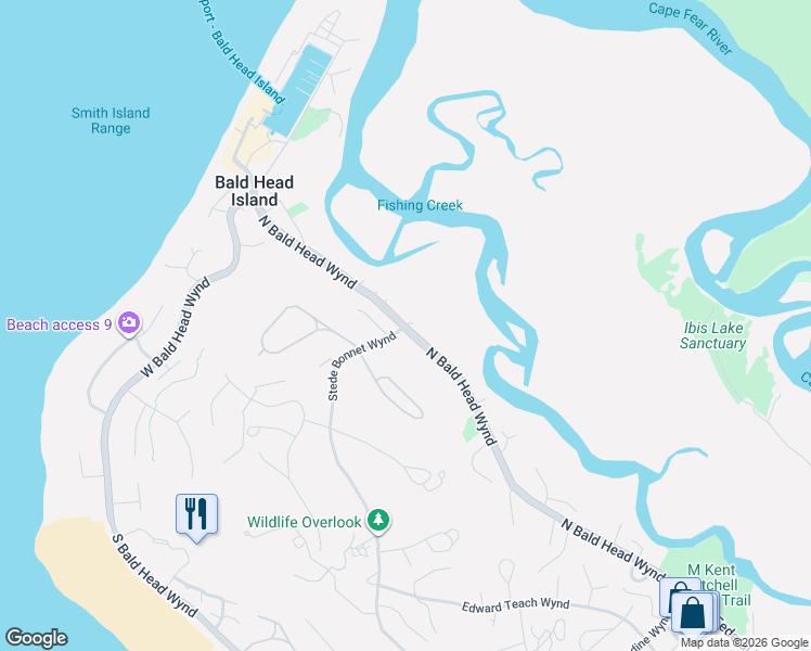 map of restaurants, bars, coffee shops, grocery stores, and more near 4 Stede Bonnet Close in Bald Head Island