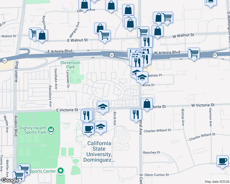map of restaurants, bars, coffee shops, grocery stores, and more near 17613 Cypress Circle in Carson