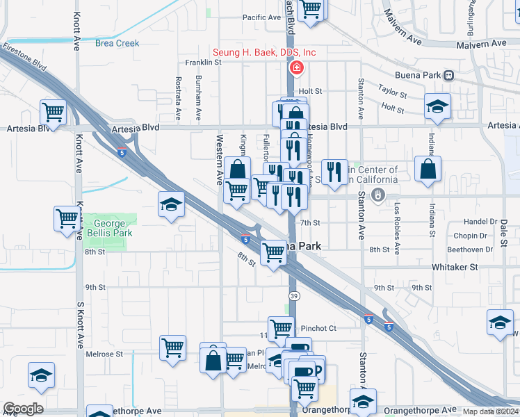 map of restaurants, bars, coffee shops, grocery stores, and more near 6281 Beach Boulevard in Buena Park
