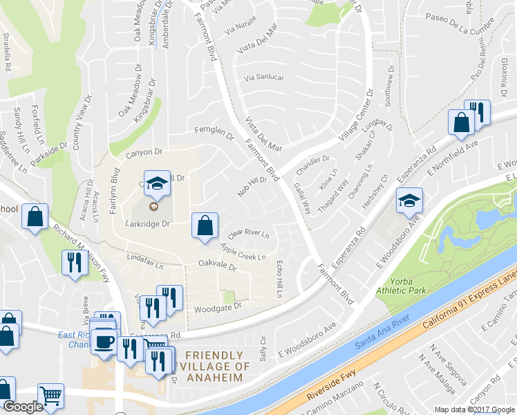 map of restaurants, bars, coffee shops, grocery stores, and more near 6375 Tiburon Terrace in Yorba Linda