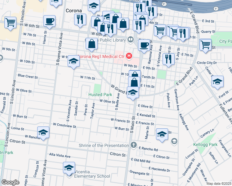 map of restaurants, bars, coffee shops, grocery stores, and more near 1114 South Belle Avenue in Corona