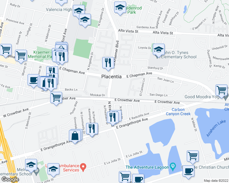 map of restaurants, bars, coffee shops, grocery stores, and more near 212 South Kraemer Boulevard in Placentia