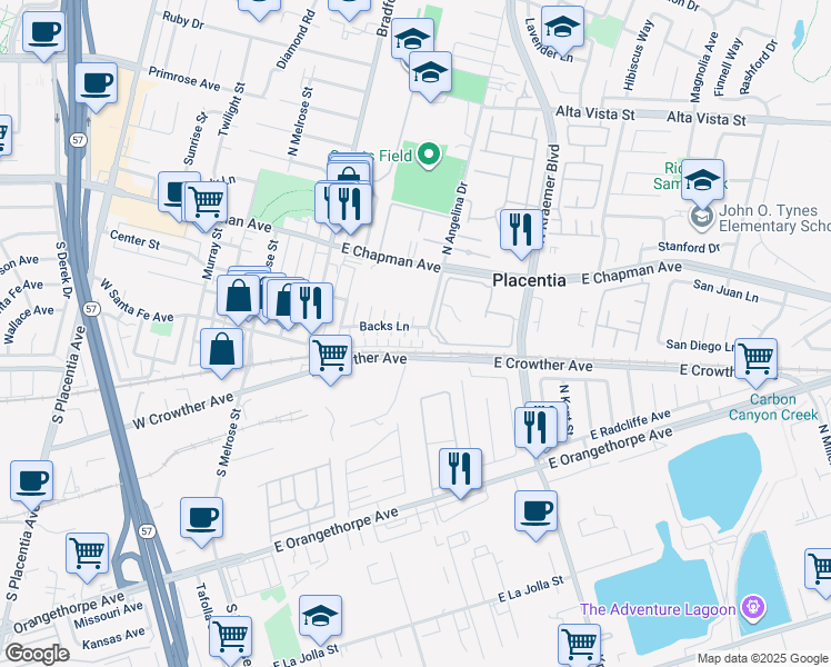 map of restaurants, bars, coffee shops, grocery stores, and more near 266 Backs Lane in Placentia