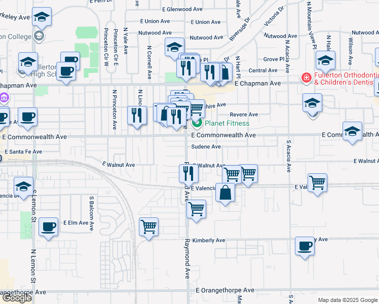 map of restaurants, bars, coffee shops, grocery stores, and more near 1221 Sudene Avenue in Fullerton