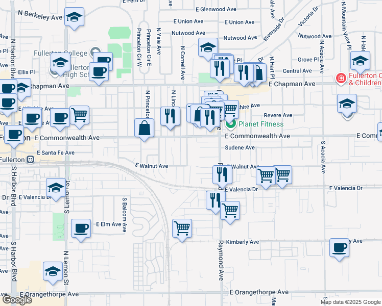 map of restaurants, bars, coffee shops, grocery stores, and more near 1101 Sudene Avenue in Fullerton