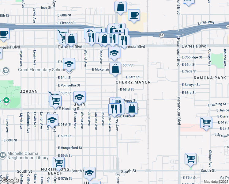 map of restaurants, bars, coffee shops, grocery stores, and more near in Long Beach