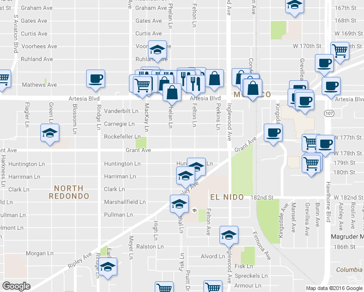 map of restaurants, bars, coffee shops, grocery stores, and more near 2517 Rockefeller Lane in Redondo Beach