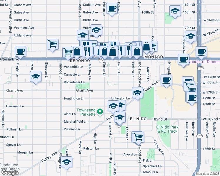 map of restaurants, bars, coffee shops, grocery stores, and more near 2517 Rockefeller Lane in Redondo Beach