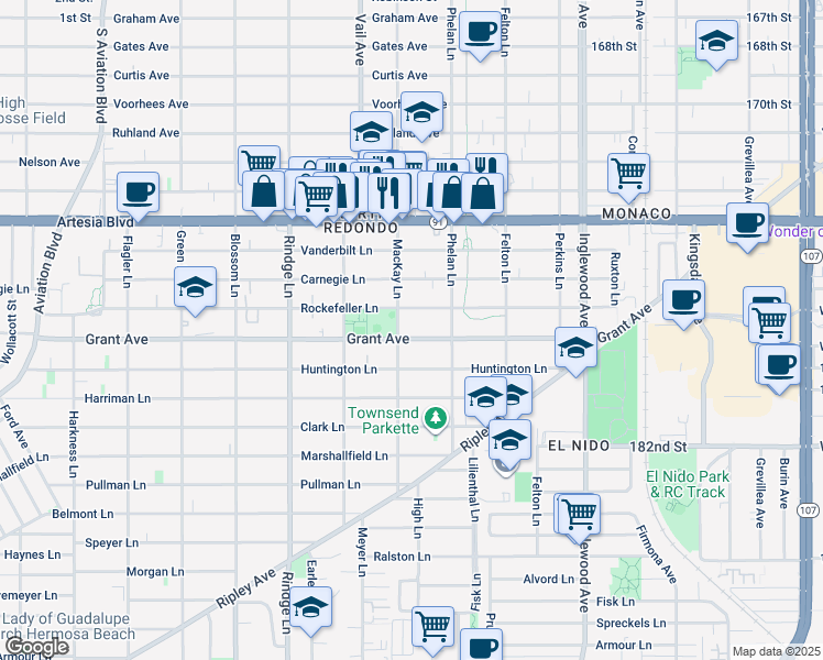 map of restaurants, bars, coffee shops, grocery stores, and more near 2406 Rockefeller Lane in Redondo Beach