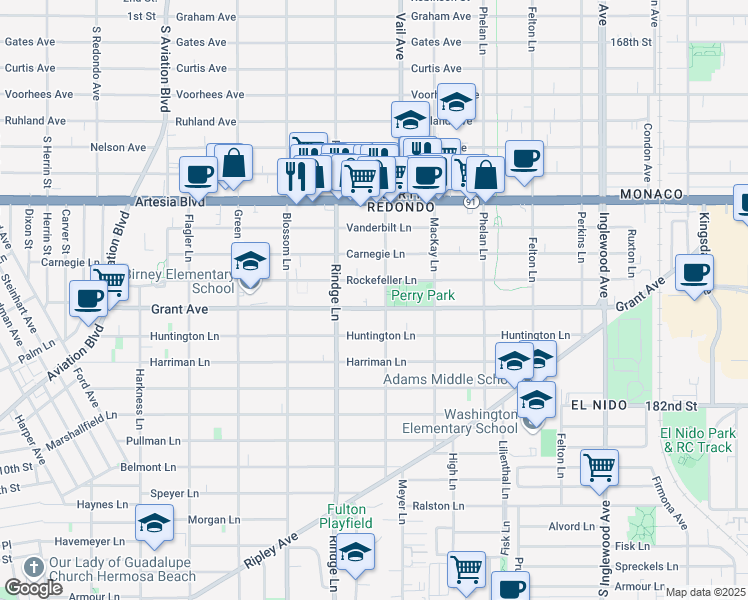 map of restaurants, bars, coffee shops, grocery stores, and more near 2221 Rockefeller Lane in Redondo Beach