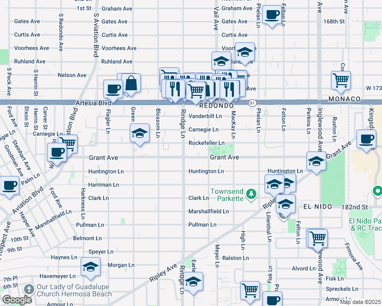 map of restaurants, bars, coffee shops, grocery stores, and more near 2200 Rockefeller Lane in Redondo Beach