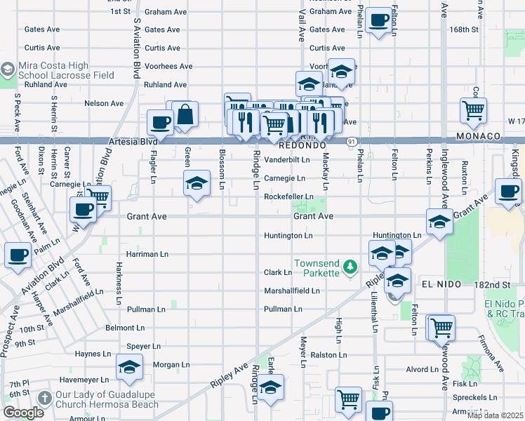 map of restaurants, bars, coffee shops, grocery stores, and more near 2200 Rockefeller Lane in Redondo Beach