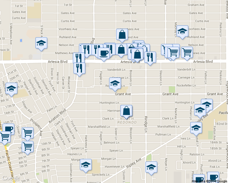 map of restaurants, bars, coffee shops, grocery stores, and more near 1922 1/2 Rockefeller Lane in Redondo Beach