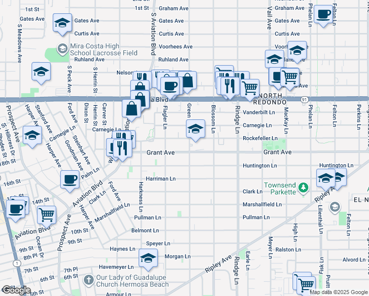 map of restaurants, bars, coffee shops, grocery stores, and more near 1922 1/2 Rockefeller Lane in Redondo Beach