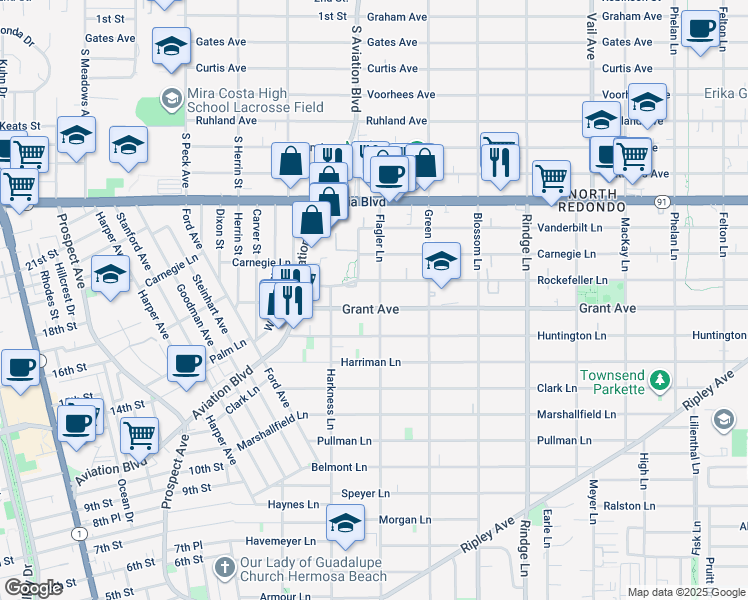 map of restaurants, bars, coffee shops, grocery stores, and more near 1831 Rockefeller Lane in Redondo Beach