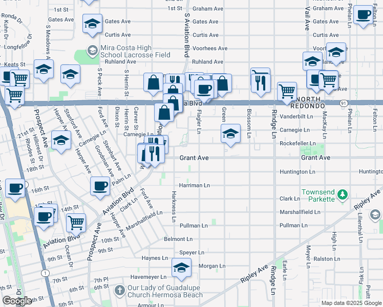 map of restaurants, bars, coffee shops, grocery stores, and more near 1831 Rockefeller Lane in Redondo Beach