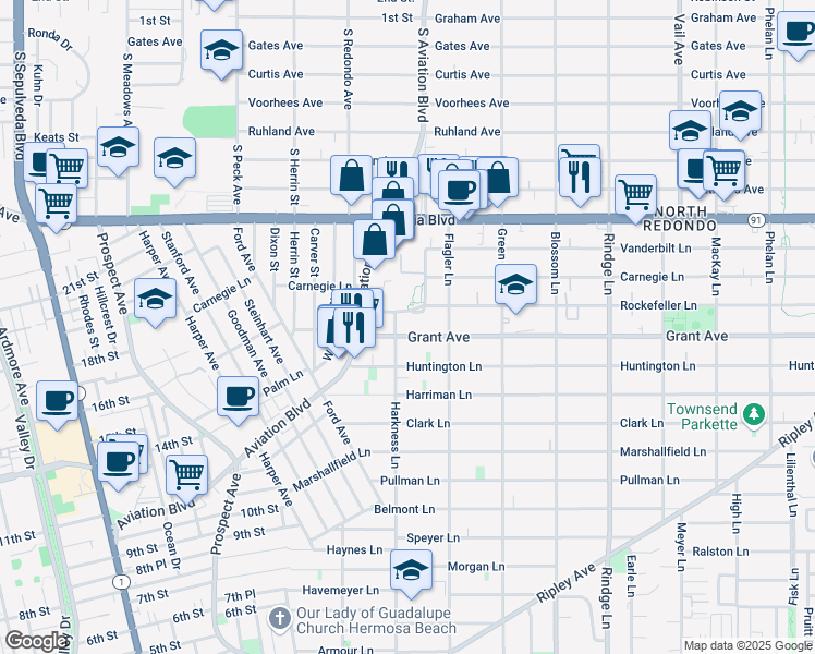 map of restaurants, bars, coffee shops, grocery stores, and more near 1831 Rockefeller Lane in Redondo Beach