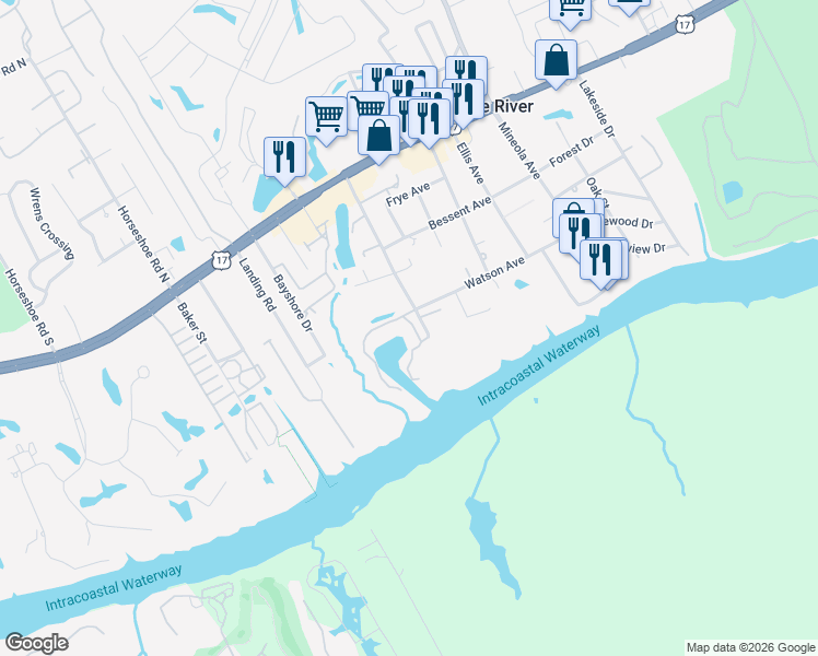 map of restaurants, bars, coffee shops, grocery stores, and more near 1497 South Mariners Pointe in Little River