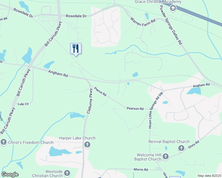map of restaurants, bars, coffee shops, grocery stores, and more near 54 Jean Court in Hiram