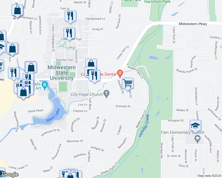 map of restaurants, bars, coffee shops, grocery stores, and more near 4201 Cedar Elm Lane in Wichita Falls