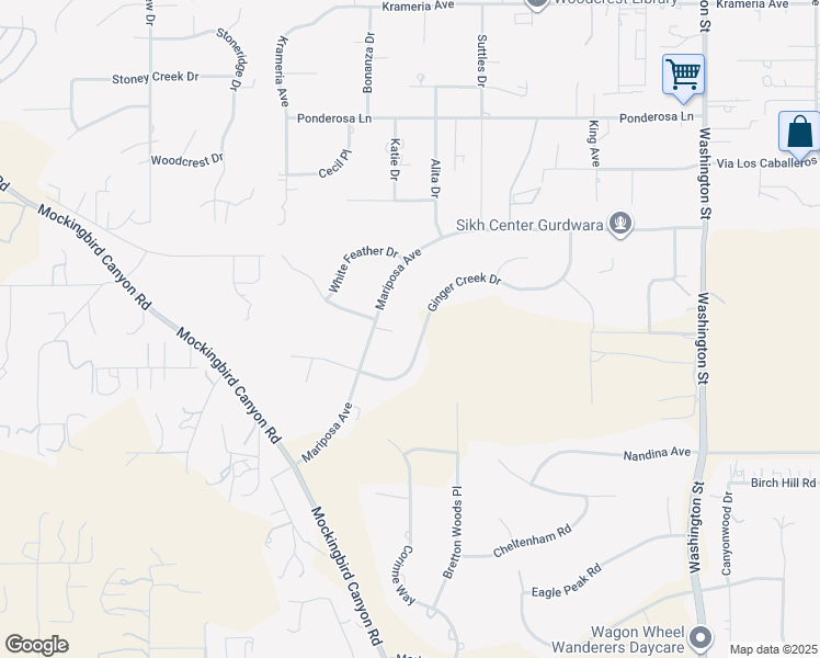 map of restaurants, bars, coffee shops, grocery stores, and more near 16402 Ginger Creek Drive in Riverside