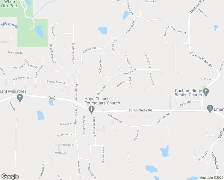 map of restaurants, bars, coffee shops, grocery stores, and more near 164 Prince Court in Hiram