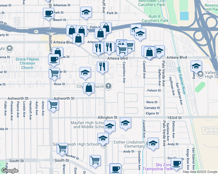 map of restaurants, bars, coffee shops, grocery stores, and more near 17908 Woodruff Avenue in Bellflower