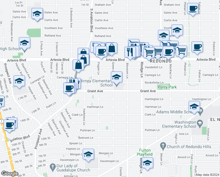 map of restaurants, bars, coffee shops, grocery stores, and more near in Redondo Beach