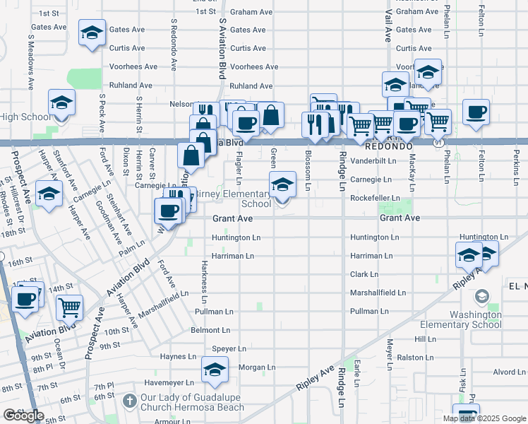 map of restaurants, bars, coffee shops, grocery stores, and more near 1917 Grant Avenue in Redondo Beach