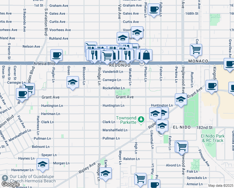 map of restaurants, bars, coffee shops, grocery stores, and more near 2301 Grant Avenue in Redondo Beach