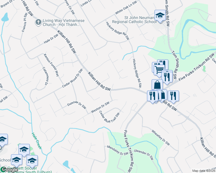 map of restaurants, bars, coffee shops, grocery stores, and more near 4244 Sugar Berry Lane Southwest in Lilburn